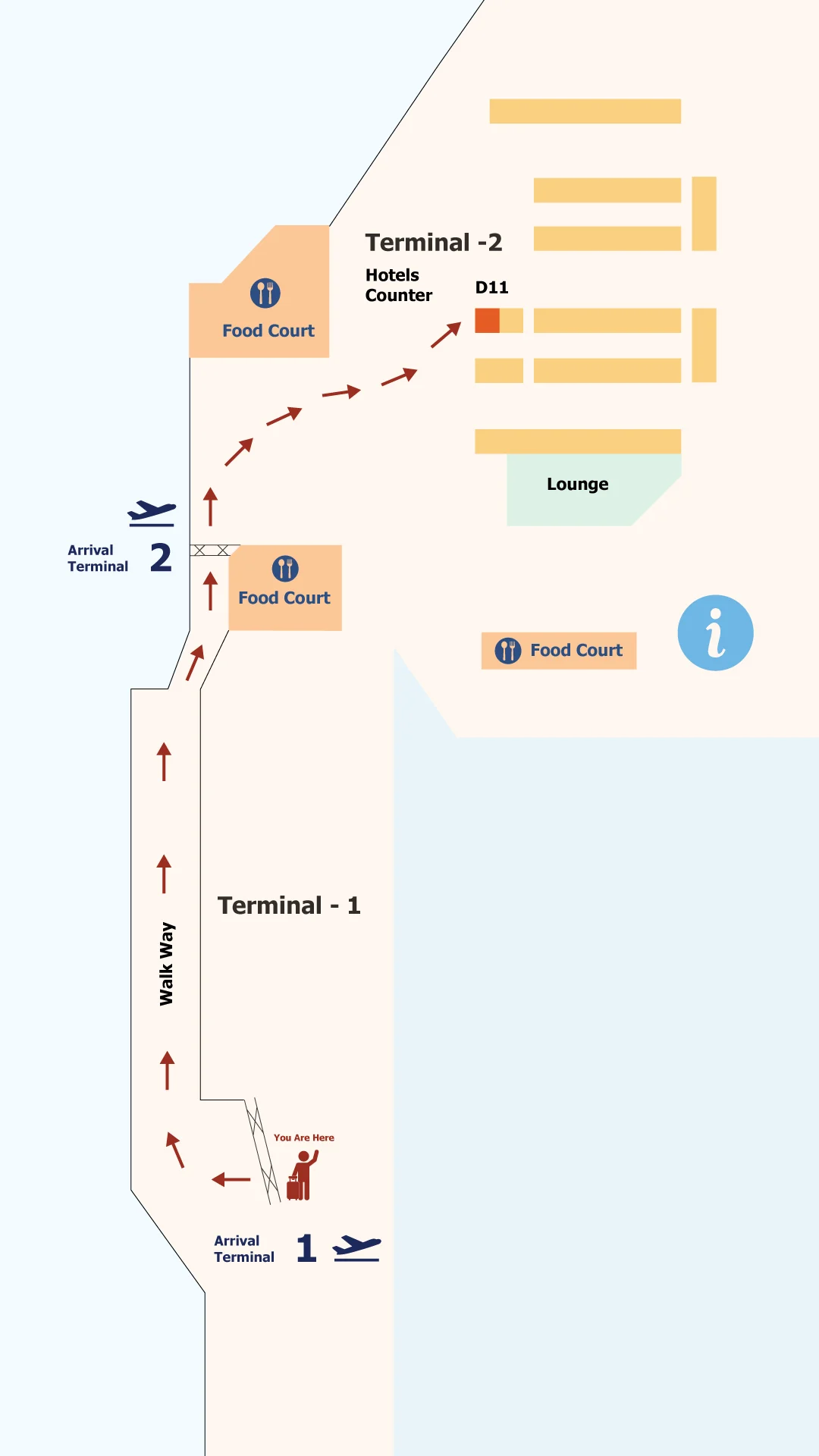 Map showing the walking route from Velana International Airport arrivals to Airport Counter D11 for Ukulhas transfer assistance.