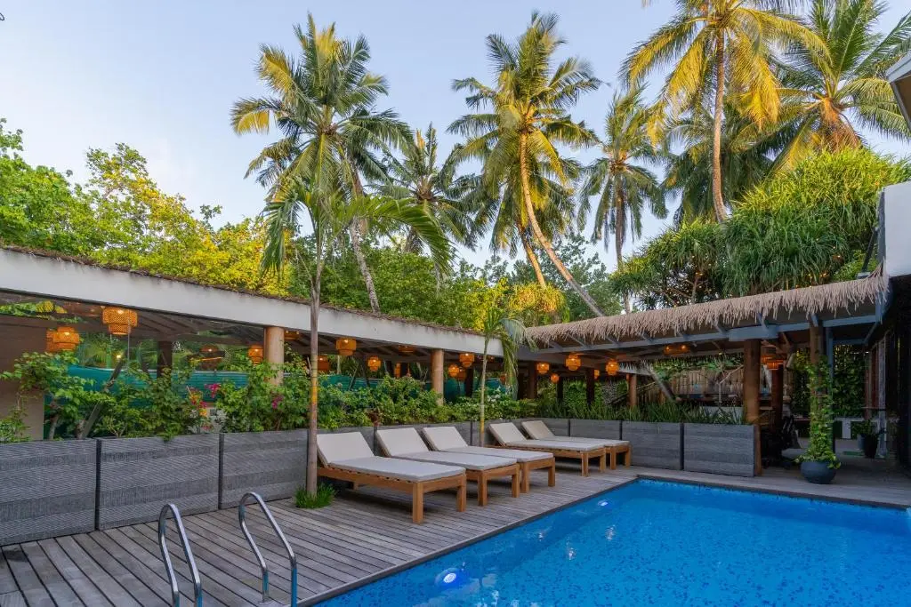 Pool deck with sun loungers under palm trees at ARIA Beach, Ukulhas Island, Maldives