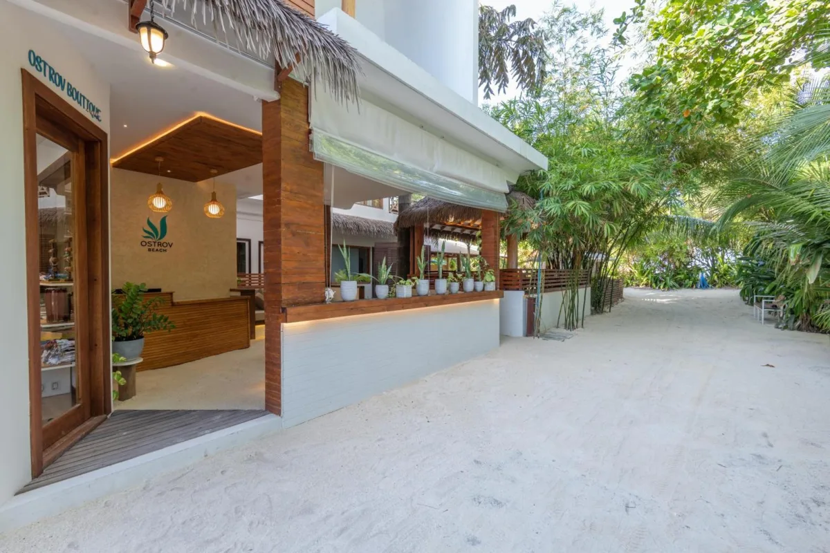 Entrance to Ostrov Hotel on Ukulhas Island, Maldives