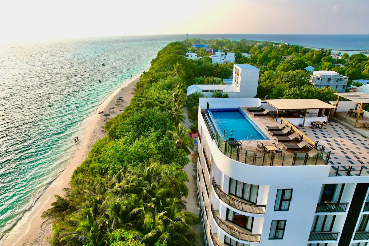 Aerial view of Ranthari Hotel and Spa on the Ukulhas Island beachfront