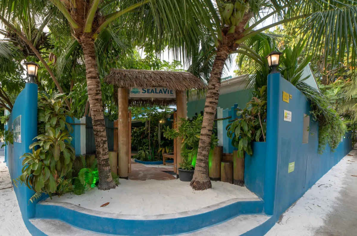 Exterior entrance of SeaLaVie Inn guesthouse on Ukulhas Island, Maldives